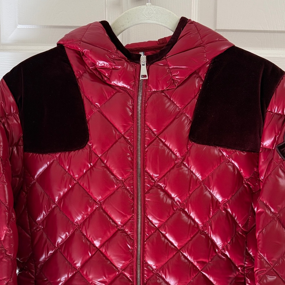 Moncler Quilted Red Hooded Goose Down Jacket w/Burgundy Velvet Accents & Trim - Picture 3 of 13